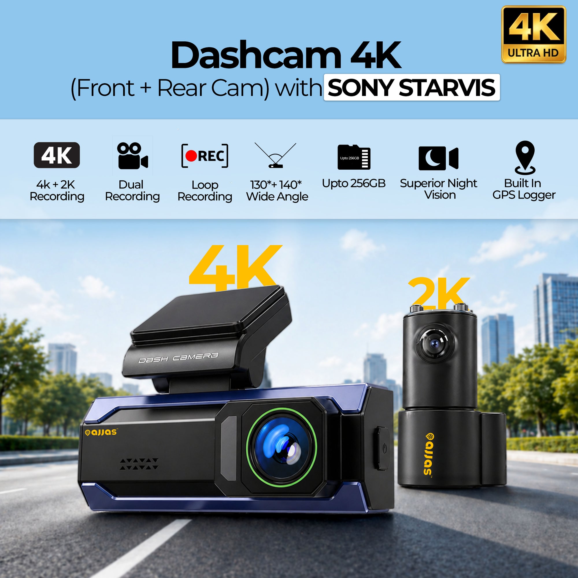 Ajjas 4K Ultra HD Dual Channel Car Dash Cam