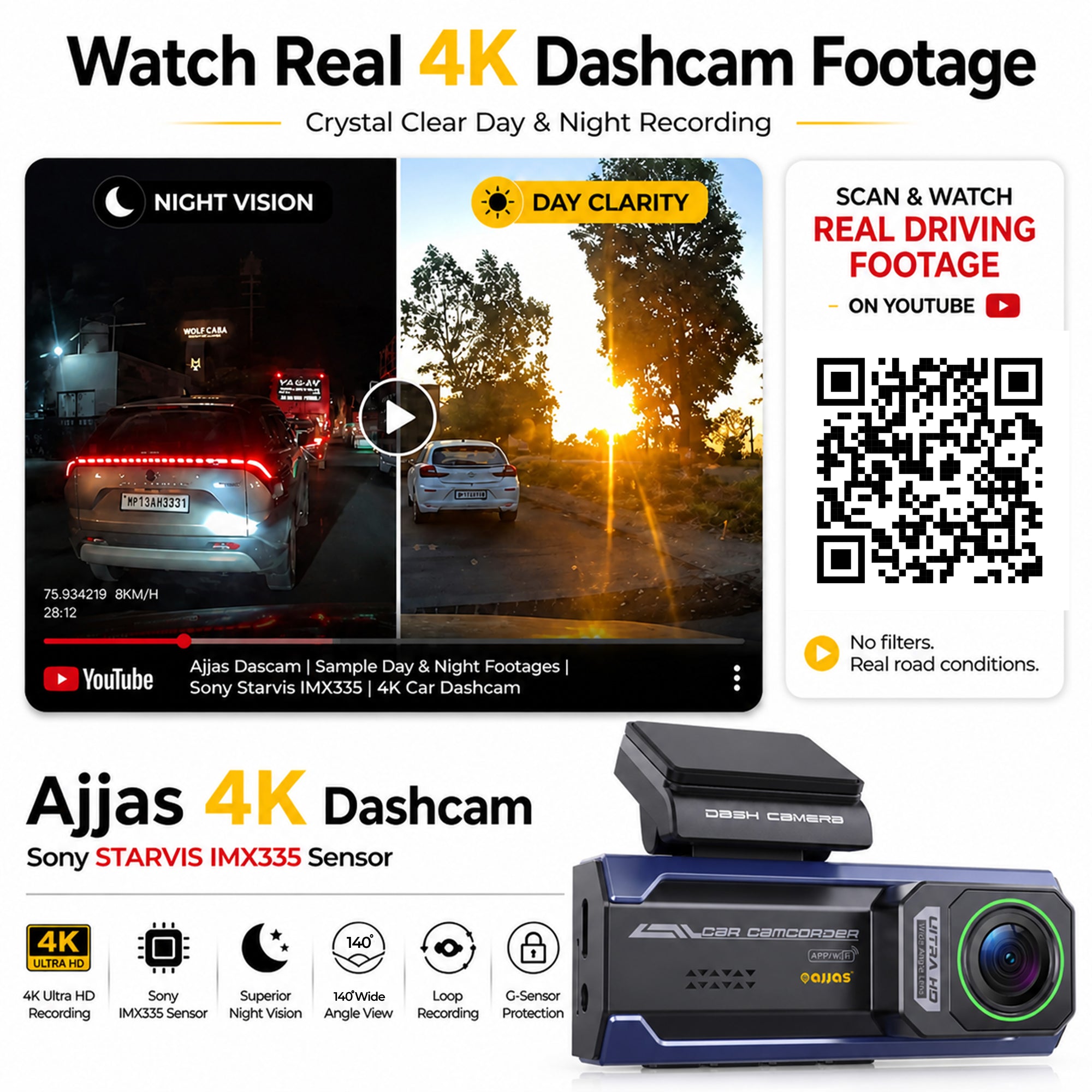 Ajjas 4K Ultra HD Dual Channel Car Dash Cam